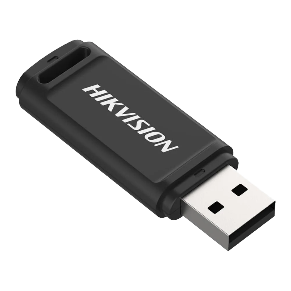 Black Hikvision USB flash drive on a white background