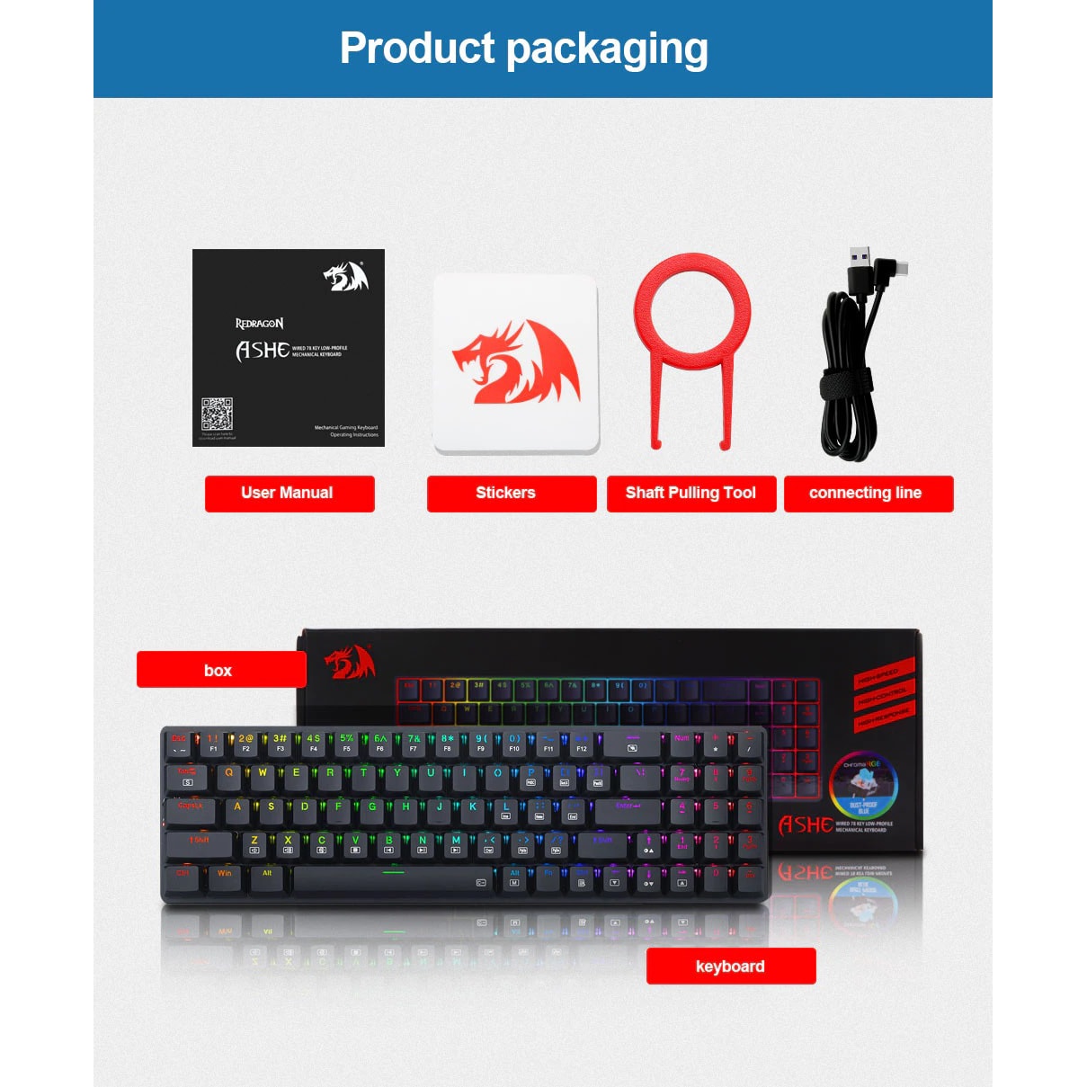 Keyboard Gaming Mechanical Redragon Ashe K626P-KB 78-Key Low-Profile (Blue Switch) - King Tech