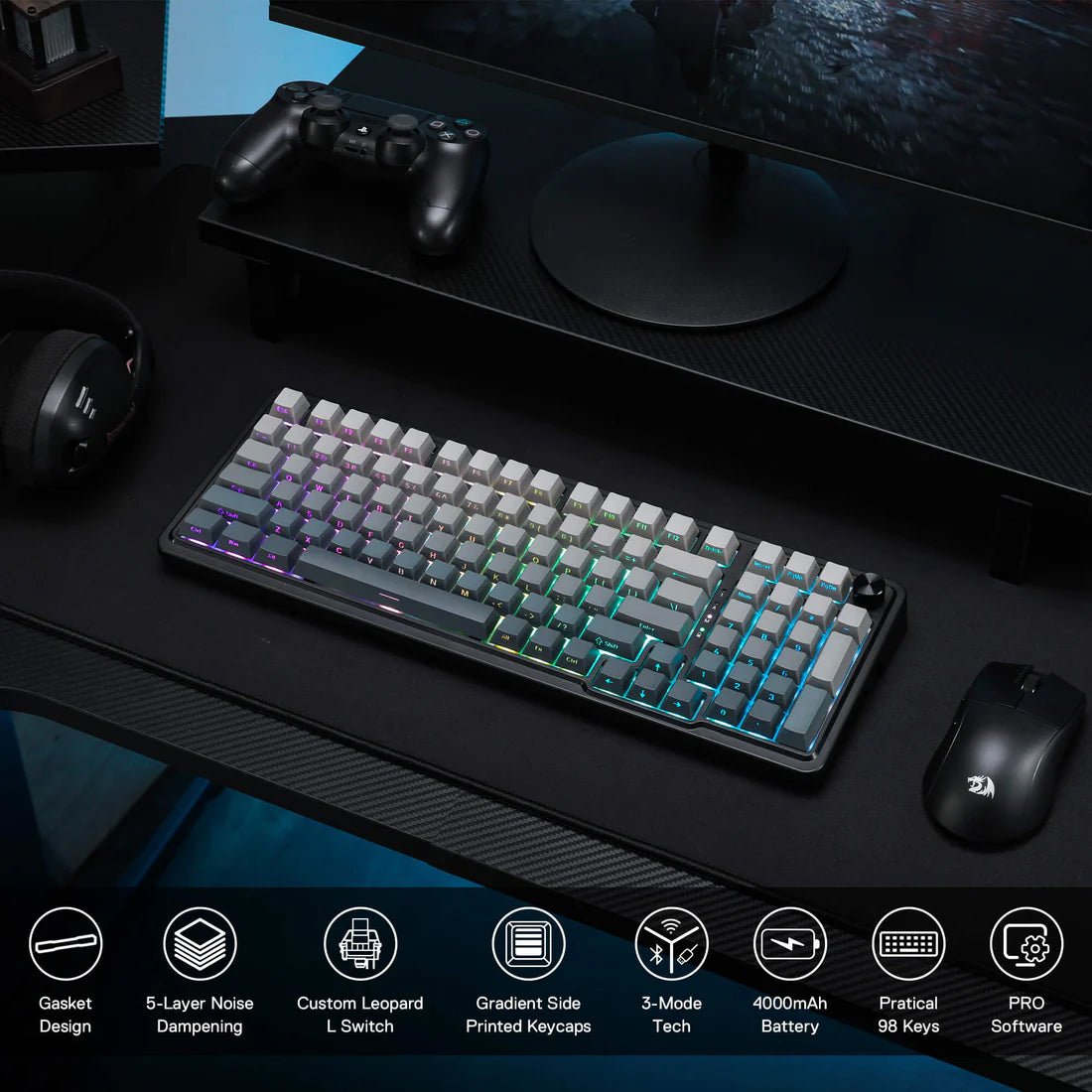 Keyboard Gaming Mechanical Redragon K688 GB 98-Key Wireless RGB Gasket Knob (Grey/Black) - King Tech