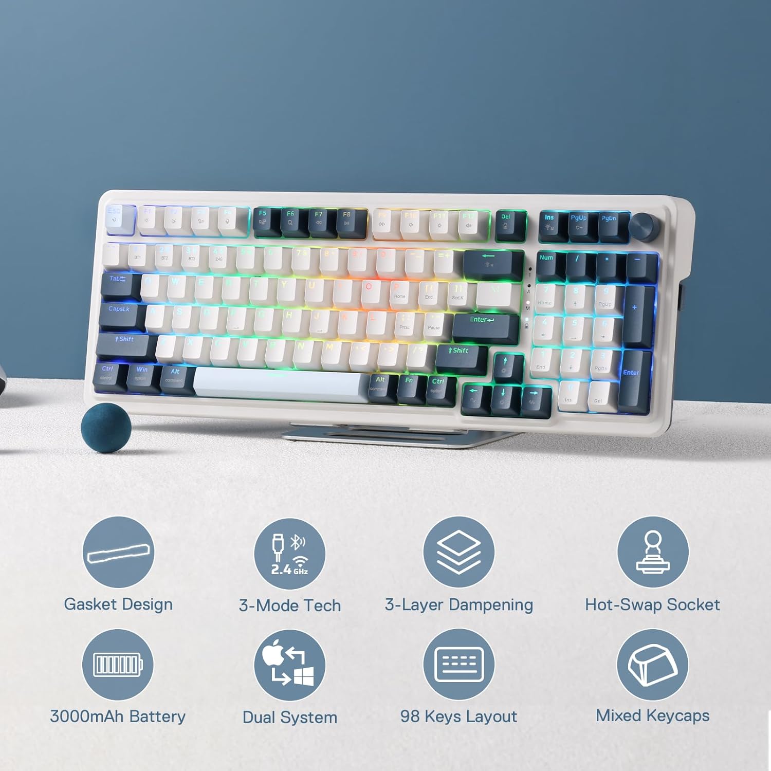 Keyboard Gaming Mechanical Redragon K688 WGL 98-Key Wireless RGB Gasket Knob (White/Grey/Light Blue) - King Tech