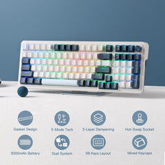 Keyboard Gaming Mechanical Redragon K688 WGL 98-Key Wireless RGB Gasket Knob (White/Grey/Light Blue) - King Tech