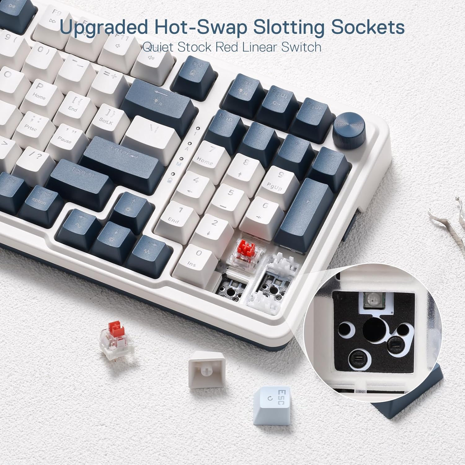 Keyboard Gaming Mechanical Redragon K688 WGL 98-Key Wireless RGB Gasket Knob (White/Grey/Light Blue) - King Tech
