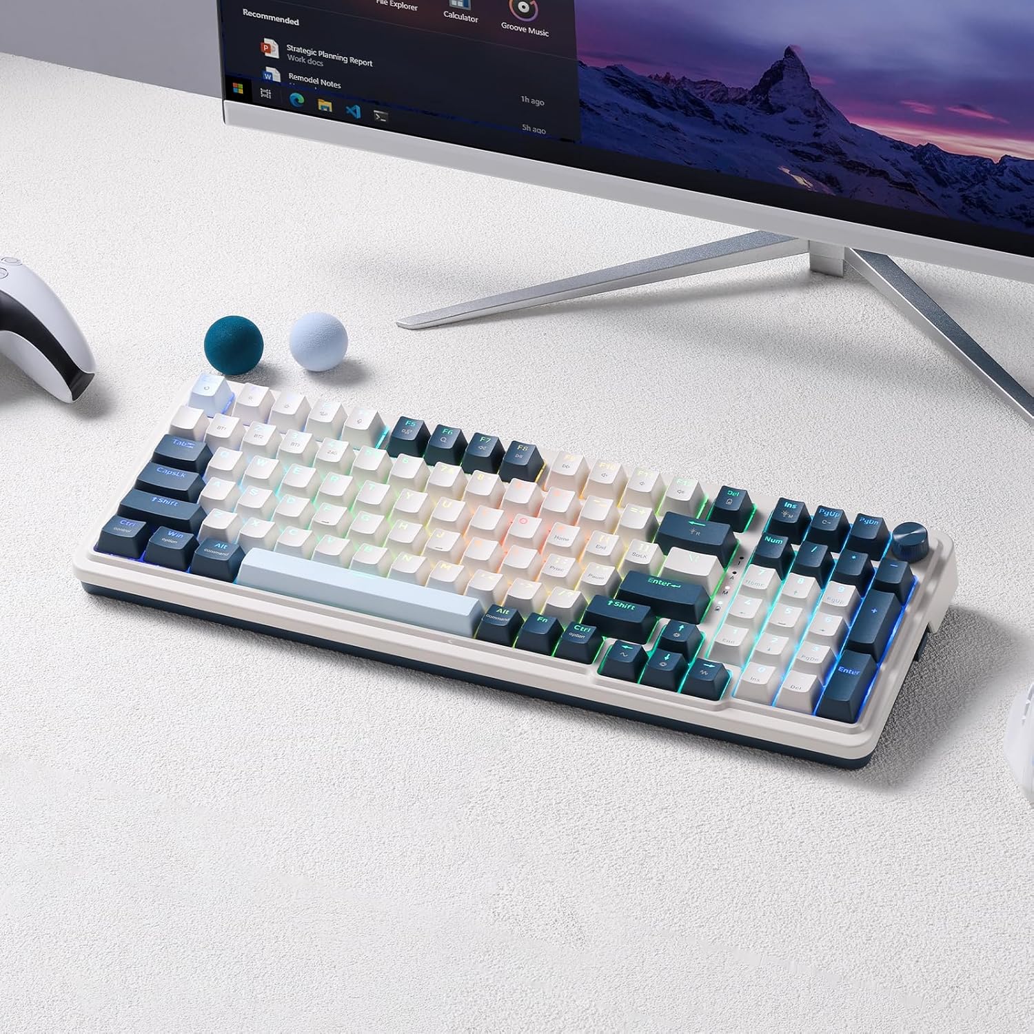 Keyboard Gaming Mechanical Redragon K688 WGL 98-Key Wireless RGB Gasket Knob (White/Grey/Light Blue) - King Tech