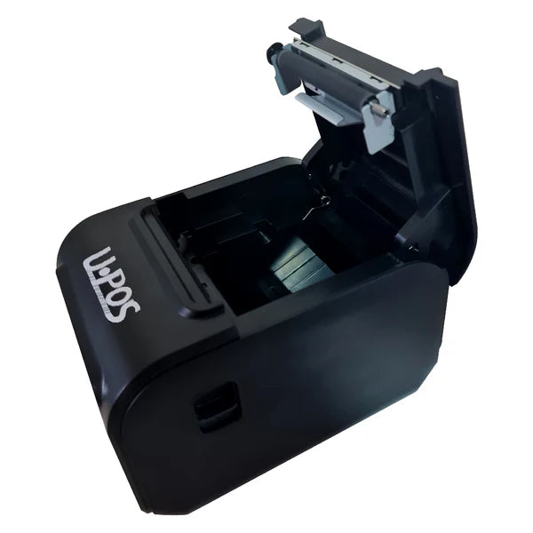 Black label printer with open lid on a white background