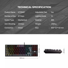 Fantech Atom87 MK887 TKL Mechanical Gaming Keyboard - Black, Blue Switches