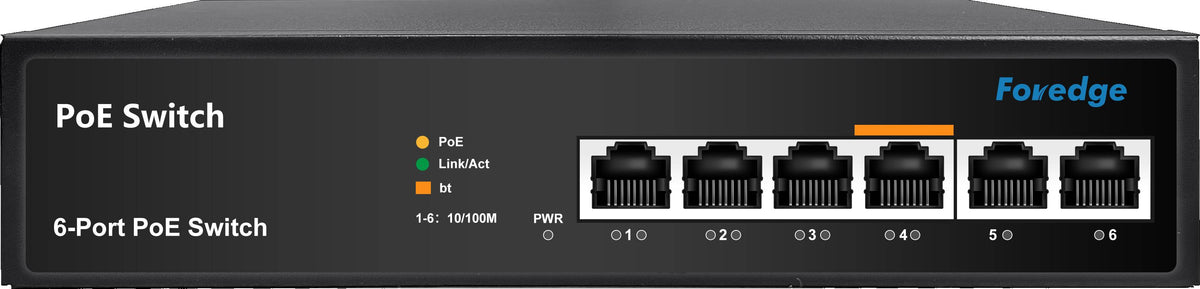 Foredge AI806M 6-Port Unmanaged PoE+ Switch - 4 PoE Ports, 2 Uplink Ports - 10/100 Mbps