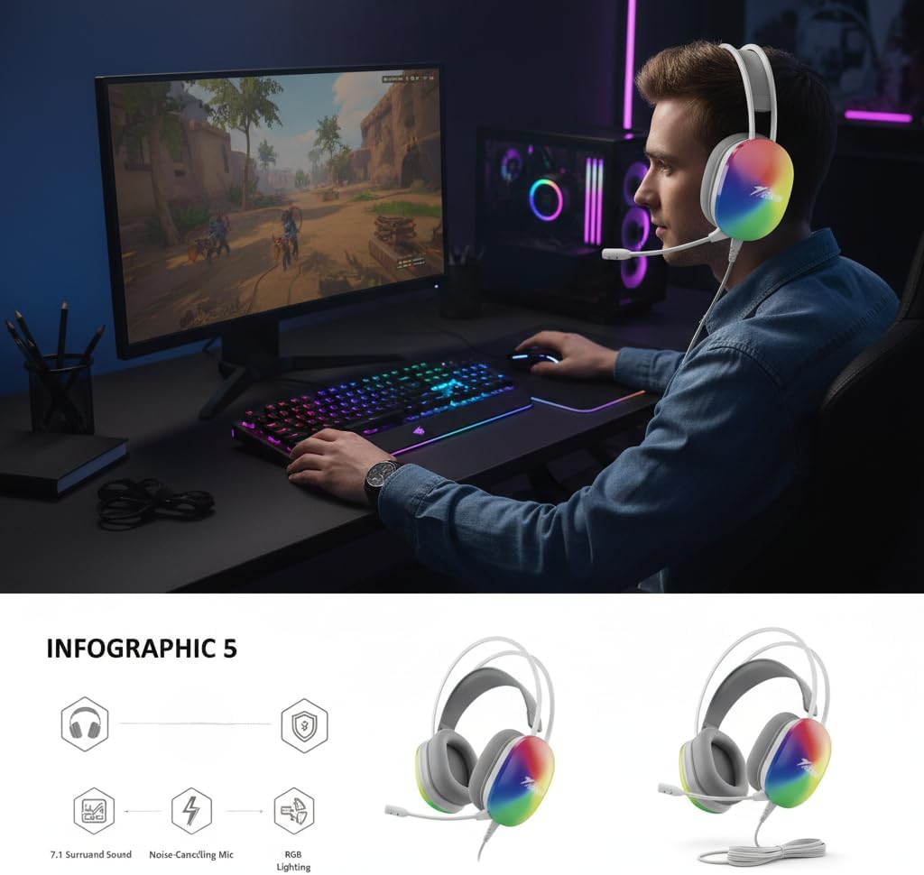 Spark H104 RGB Gaming Headset - White with Dual 3.5mm Jacks and USB