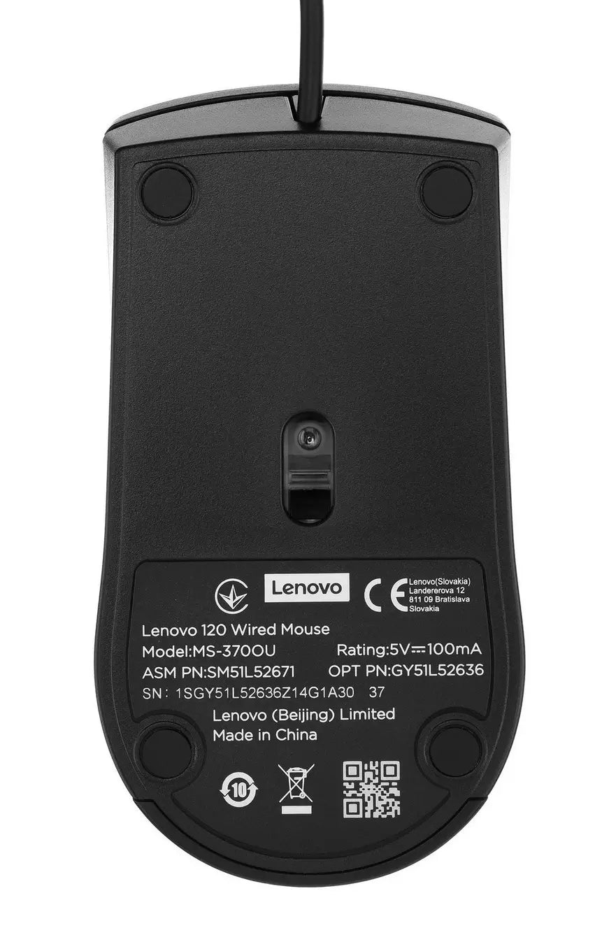 Lenovo 120 Wired USB Mouse - Black | 1000 DPI - 1.5m Cable - Ambidextrous Design