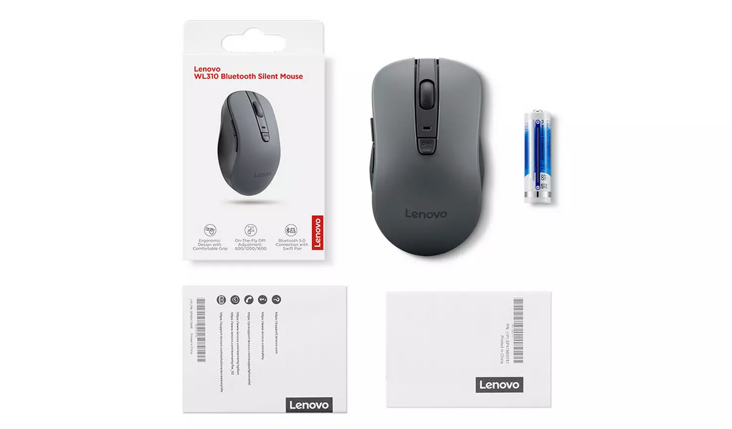Lenovo WL310 Bluetooth Silent Mouse - Grey | Bluetooth 5.0 - Adjustable DPI (800/1200/1600) - 5 Buttons