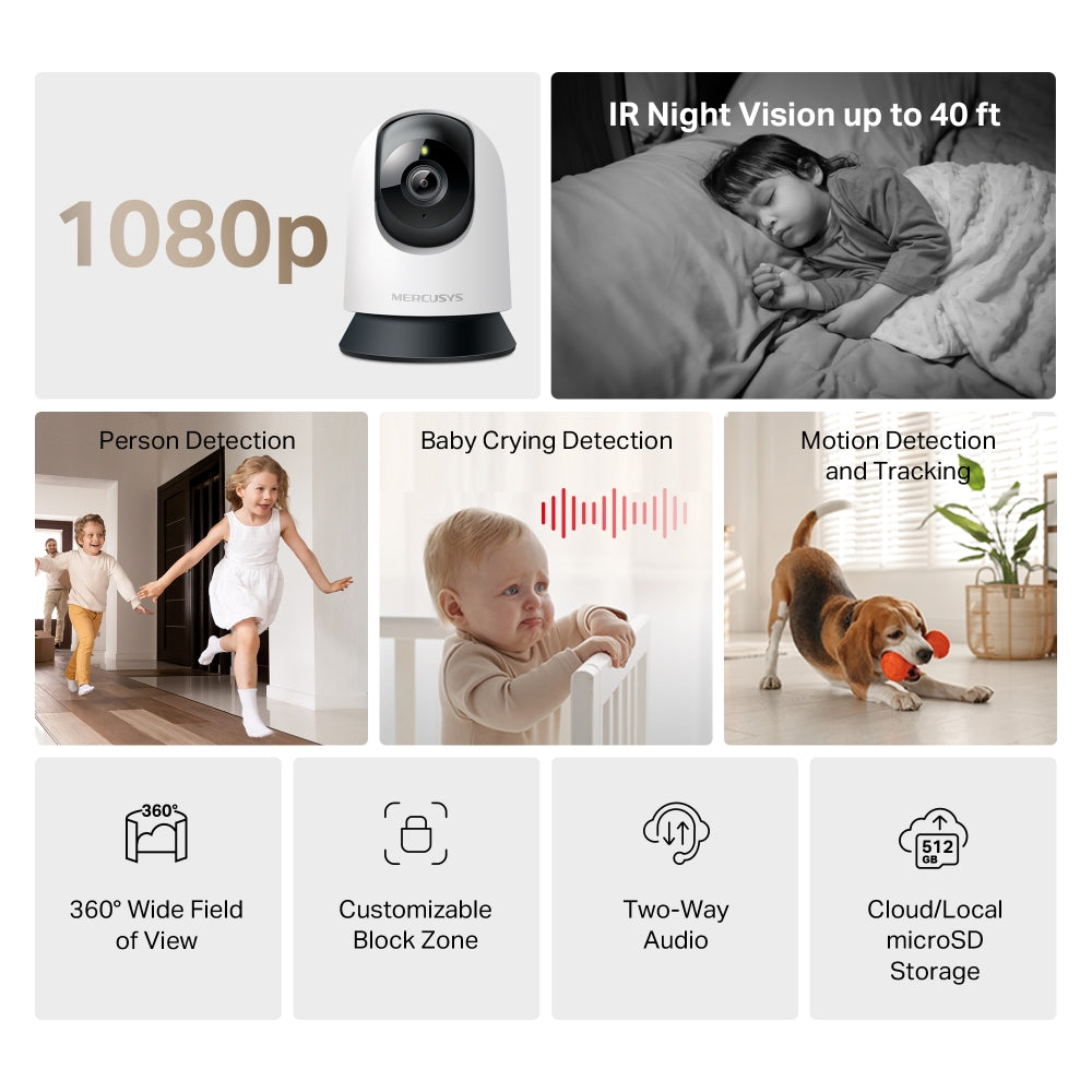 كاميرا أمان منزلية Mercusys Tapo C200 Pan/Tilt Wi-Fi - دقة 1080 بكسل عالية الوضوح