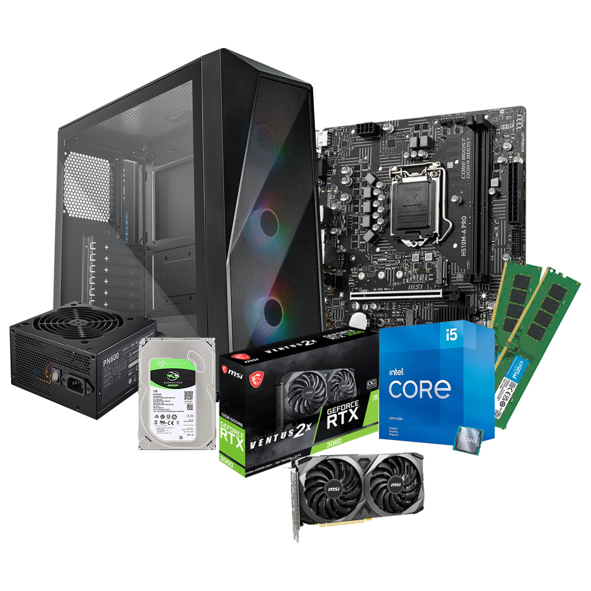 MSI H510M-A PRO - معالج Intel i5-11400F - ذاكرة وصول عشوائي DDR4 سعة 16 جيجابايت - قرص صلب سعة 1 تيرابايت - بطاقة رسومات NVIDIA RTX 3060 سعة 12 جيجابايت
