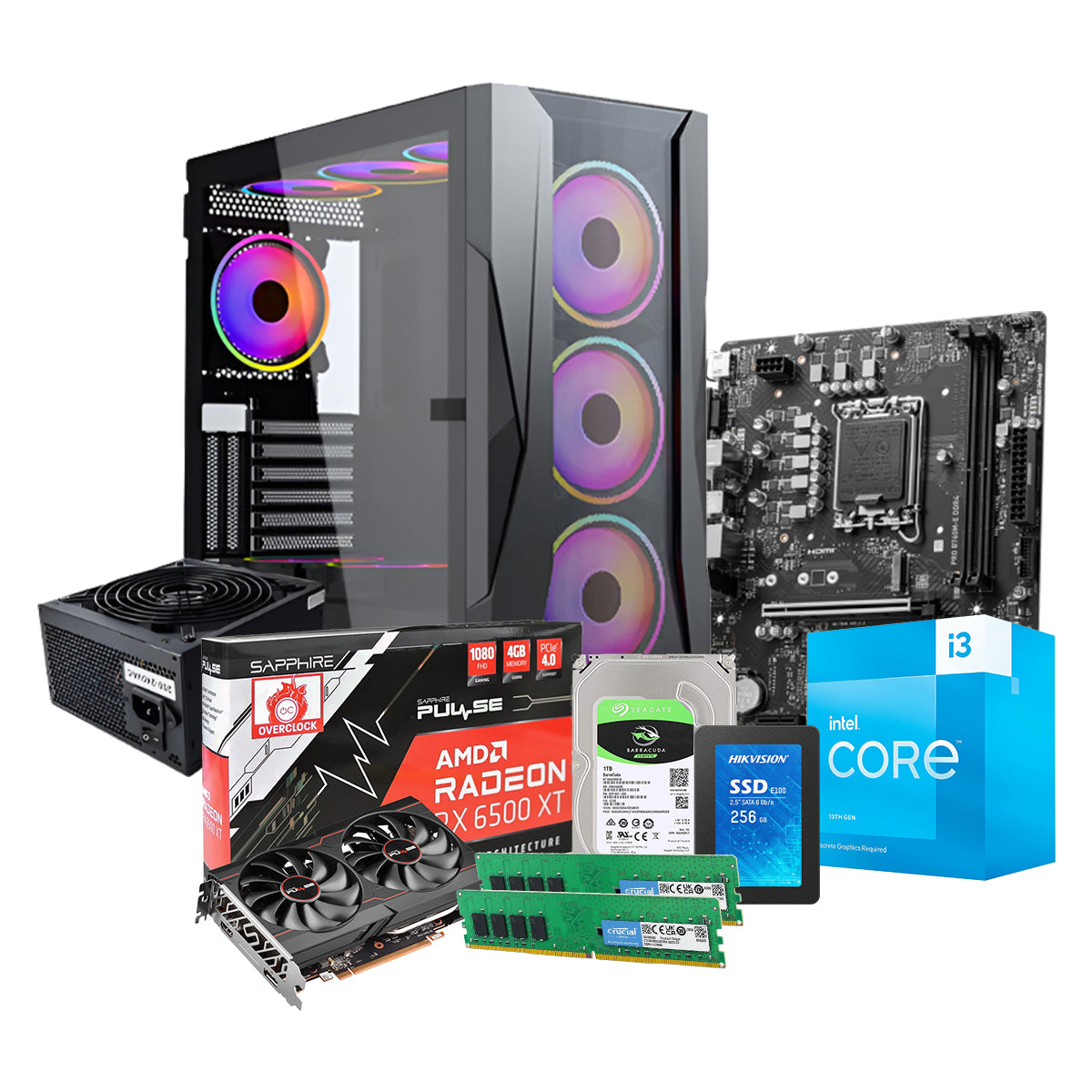 MSI PRO B760M-P DDR4 - Intel i3-13100F - 16 جيجابايت DDR4 - 256 جيجابايت SSD + 1 تيرابايت HDD - AMD RX 6500 XT 4 جيجابايت
