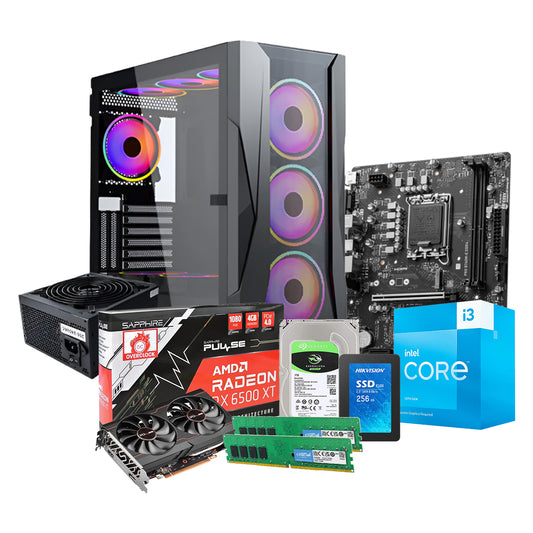 Custom Gaming PC | Intel Core i3-13100F - 16GB DDR4 RAM - 256GB SSD + 1TB HDD - AMD Radeon RX 6500 XT 4GB Graphics - Xander Velox ARGB Case + 600W PSU