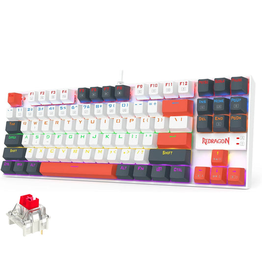 Redragon K552WLR-R Kumara Wireless Mechanical TKL Gaming Keyboard - White/Black, Rainbow RGB, Red Switches