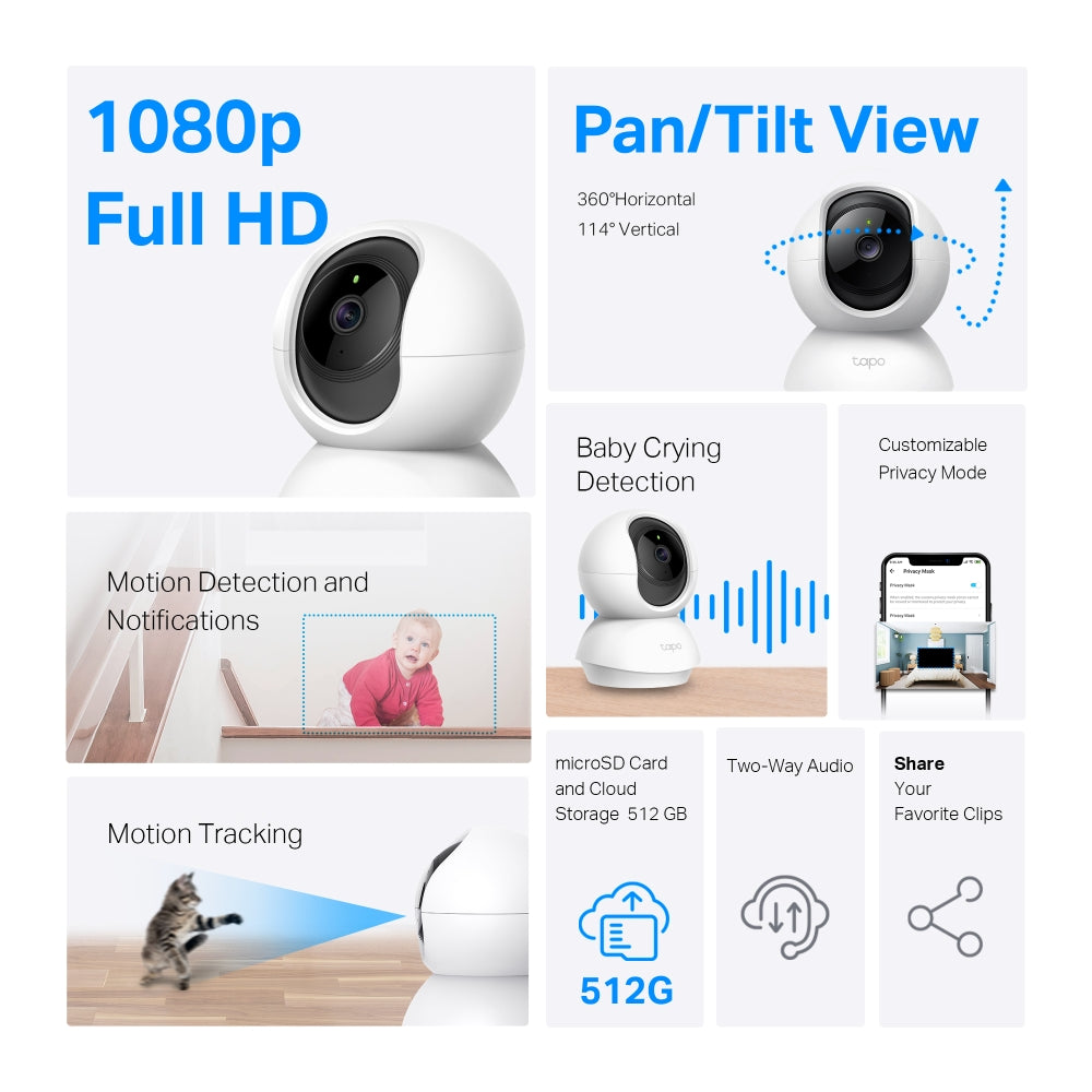 كاميرا أمان منزلية TP-Link Tapo C200 Pan/Tilt Wi-Fi - 2 ميجابكسل 1080 بكسل
